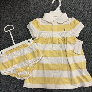 Ralph Lauren Yellow and White Striped Baby Dress Set with matching bloomers